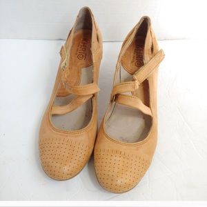 Anthropologie Khrio Perforated Leather Mary Janes Heels Crisscross Velcro Straps